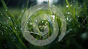 Fresh green grass with dew drops close up. Nature background