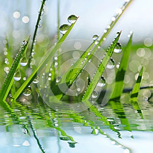 Fresh green grass with dew drops closeup.