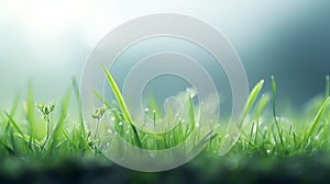 Fresh green grass with dew drops closeup. Nature background. Generative AI