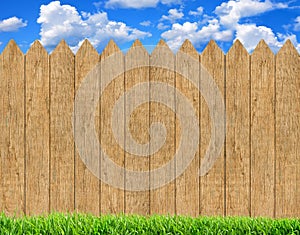 Fresh Green Grass Over Wood Fence Background And Blue Sky