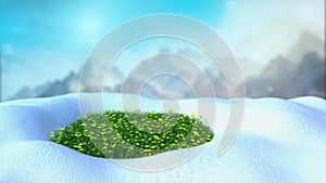 Fresh green grass on the snow 3d render on mountine backgrownd