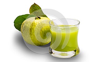 Fresh green guava juice and ripe sweet guava fruit with guava leaves