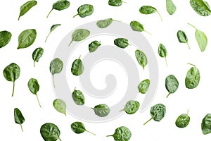 Fresh green healthy baby spinach leaves on background, top view. Space for text