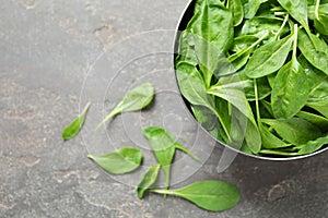 Fresh green healthy spinach on grey table, top view.