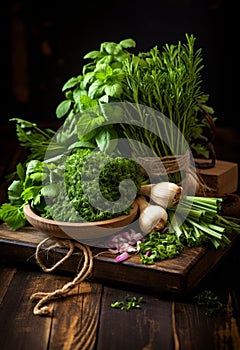 Fresh green herbs and vegetables on wooden table