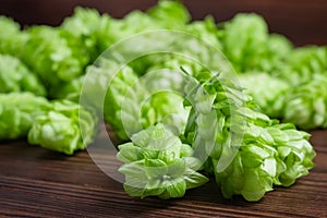 Frisch Grün hopfen auf der hölzern tisch. aus der nähe 