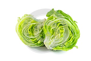 Fresh green iceberg lettuce salad leaves cut isolated on white background.