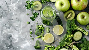 Fresh green juice and healthy ingredients on a marble background. Vibrant colors, natural look. Perfect for wellness and