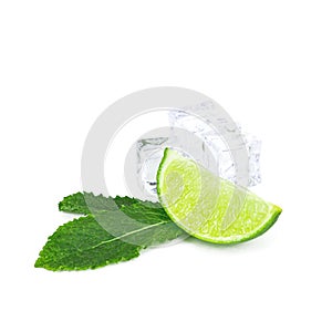 Fresh green juicy limes, lime slices, ice and mint leaves isolated on white background.