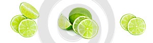 Fresh green juicy limes, lime slices, ice and mint leaves set isolated on white background.