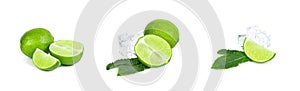 Fresh green juicy limes, lime slices, ice and mint leaves set isolated on white background.