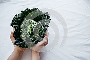 Fresh Green Kale most useful vegetables in woman hands on white