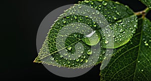 Fresh green leaf covered in dew drops photo