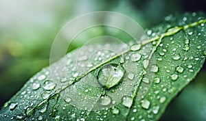 Fresh green leaf with drops close up. Mockup for the presentation of organic products and cosmetics. Background with empty space