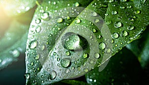 Fresh green leaf with drops close up. Mockup for the presentation of organic products and cosmetics. Background with empty space