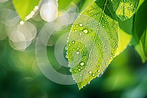 Fresh green leaf with morning dew drops