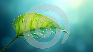 Fresh Green Leaf With Water Droplets On Blue Gradient Background