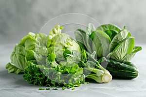 Fresh Green Leafy Vegetables Assortment on Light Background