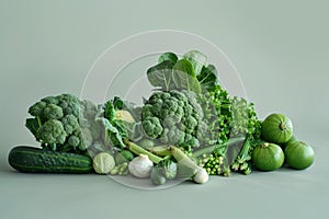 Fresh Green Leafy Vegetables Assortment on Light Background
