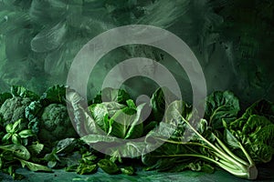 Fresh Green Leafy Vegetables On Dark Artistic Background