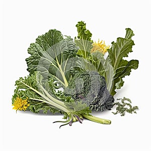 Fresh Green Leafy Vegetables: Kale, Collard, and Mustard Greens on a White Background