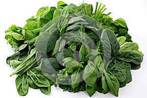 Fresh Green Leafy Vegetables Pile High on White Background photo