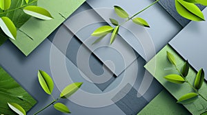 Fresh Green Leaves on Abstract Blue and Gray Geometric Background
