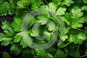 Fresh green leaves of Cilantro, parsley, covered with water droplets. Background. Generative AI