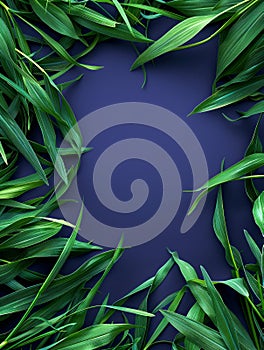 Fresh Green Leaves on Dark Blue Background Aesthetic Nature Frame, Zen Garden, Organic Natural Texture, Eco Friendly Design,