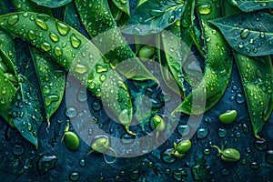 Fresh Green Leaves with Dew Drops on Dark Background, Nature Detail Texture for Calmness and Serenity Concept