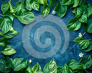 Fresh Green Leaves Framing Blue Textured Background with Small White Flowers, Nature Inspired Design, Perfect for Seasonal, Eco