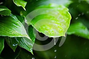 Fresh green leaves with rain water drops