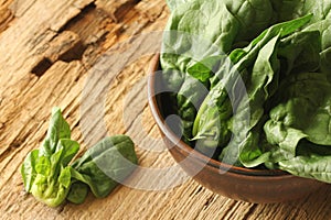 Fresh green leaves of spinach in a bowl on old wooden background