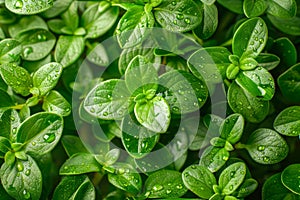 Fresh Green Leaves with Water Droplets Lush Foliage Background for Eco and Nature Themes