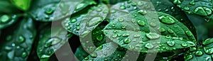 Fresh green leaves, water droplets, sharp focus, daylight clarity , no grunge