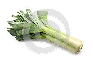 Fresh green leeks on white background