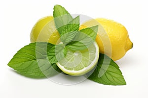 Fresh green lemon with leaves isolated on white background for culinary and health concepts