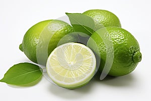 Fresh green lemon with leaves isolated on white for refreshing citrus designs and concepts