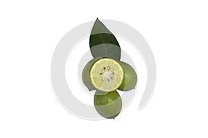 Fresh green lemon slice pieces with leaves isolated on a white background