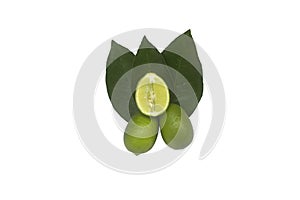 Fresh green lemon slice pieces with leaves isolated on a white background