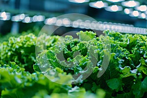 Fresh green lettuce growing in an indoor farm under artificial lighting