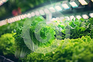 Fresh green lettuce growing in an indoor hydroponic farm