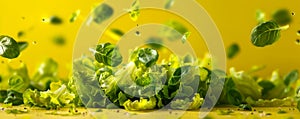 Fresh Green Lettuce Salad Leaves Tossed in the Air on Bright Yellow Background with Dynamic Motion