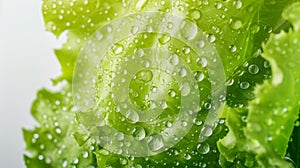 Fresh green lettuce salad leaves with water drops isolated on white background, copy space