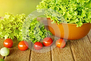 Fresh green lettuce salad and tomatoes on wooden over green nature