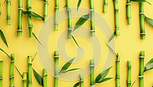 Fresh Green Lucky Bamboo stalks and leaves on bright yellow background.