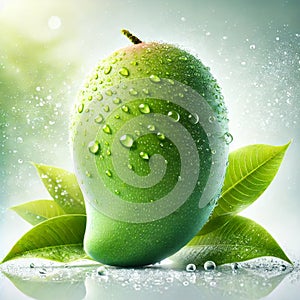 Fresh Green Mango Covered in Dew with Leafy Background AI-GENERATED photo