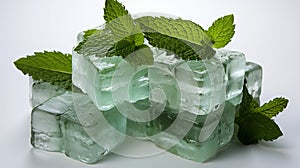 Fresh Green Mint Leaves with Ice Cubes White Background Defocused