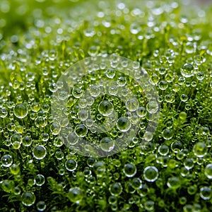 Fresh, green moss, possibly Bryophyta, covered in numerous clear