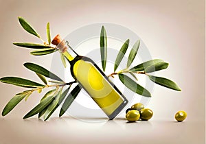 Fresh green olives and a bottle of olive oil, with a branch with leaves.